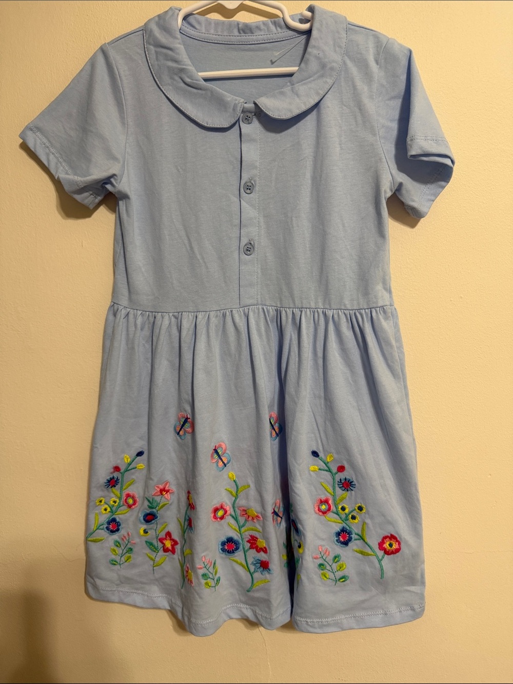 Light Blue Girls' Embroidered Cotton Dress